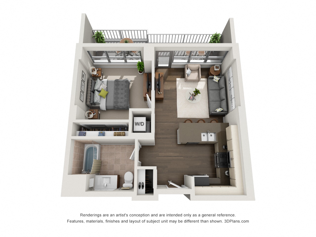 Floor plan for 1 bed, 1 bath, 623 sqft